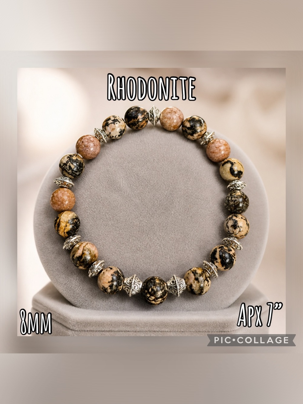 Rhodonite Stone Beaded Stretch Bracelet - Natural Pink and Black Stones